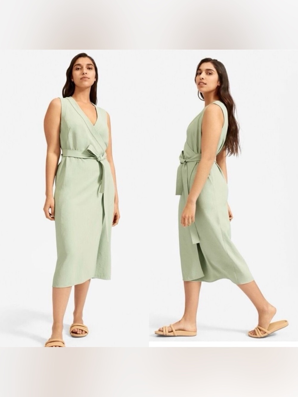 Everlane The Japanese GoWeave Wrap Dress 2 Sage Green Midi Sleeveless Minimalist
